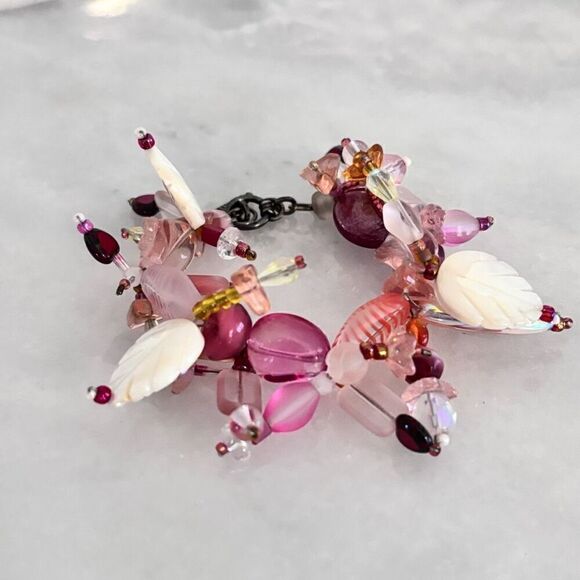 Artisan Glass Beads & Hand Carved Mother of Pearl Sterling Bracelet Multicolor 6 - Picture 2 of 3